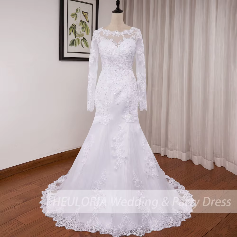Robes de mariée sirène à manches longues col rond Robe