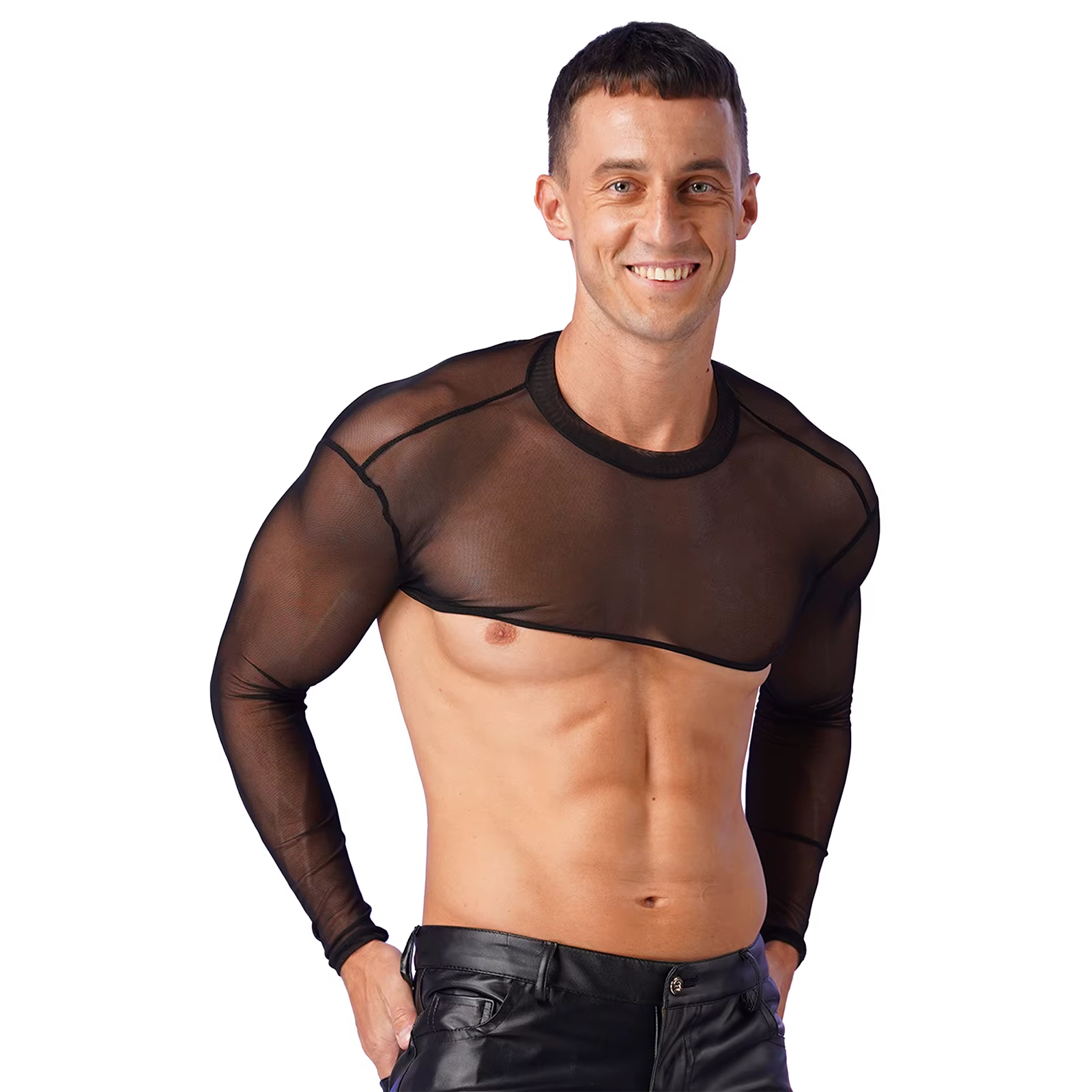 Hommes transparent maille transparente demi débardeurs chemises à manches longues corps poitrine harnais haut court