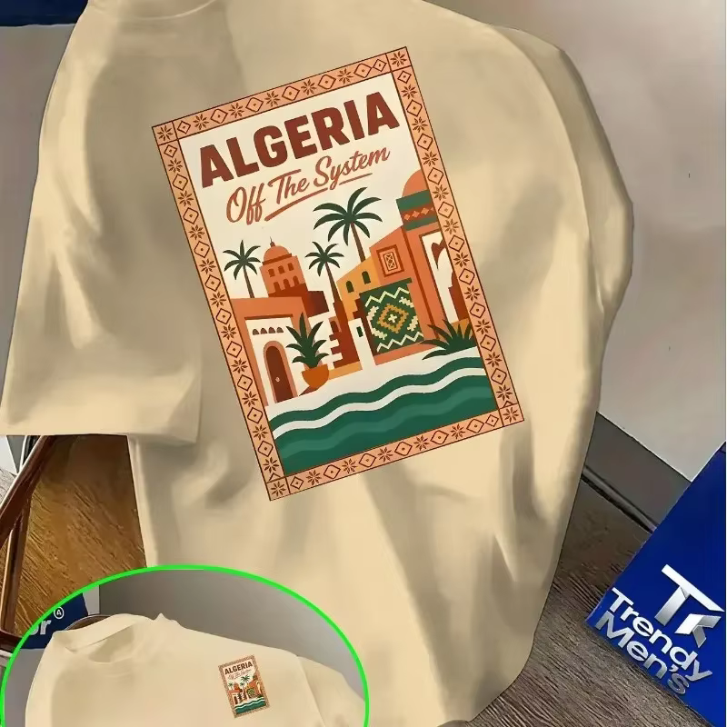 T-shirt rose à motif algérien pour hommes et enfants - Texte audacieux « Algérie » et design de paysage urbain