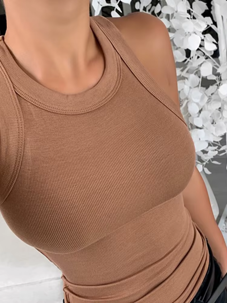 Femmes solide col rond côtelé débardeur Camisole