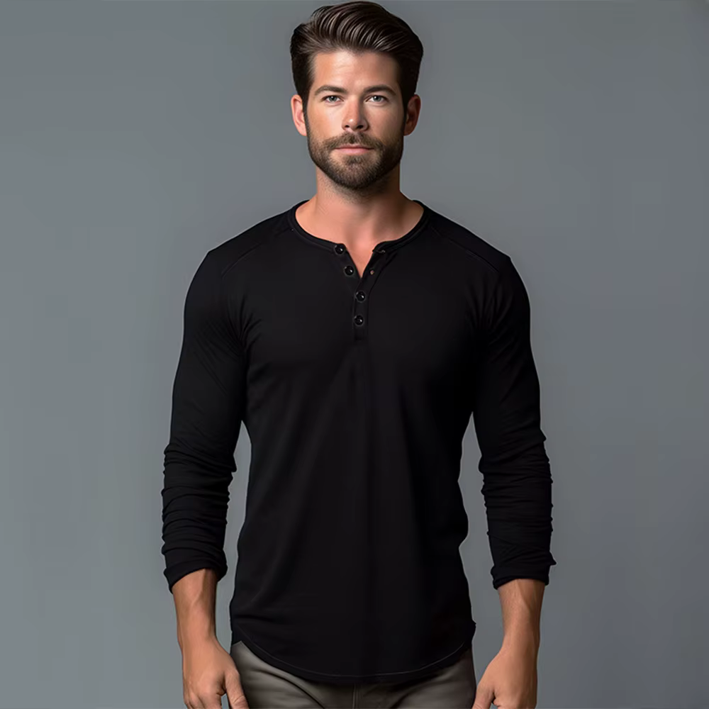 Hommes à manches longues T-shirt coton coupe ajustée chemise de fond Fitness hauts t-shirts bouton cou décontracté