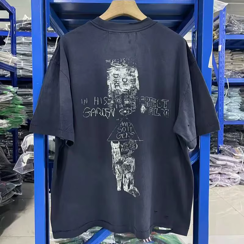 Nouveau Bonne qualité lavé bleu Paly t-shirts hommes femme Vintage haute rue mode col rond trou vieux endommagé haut t-shirt à manches courtes