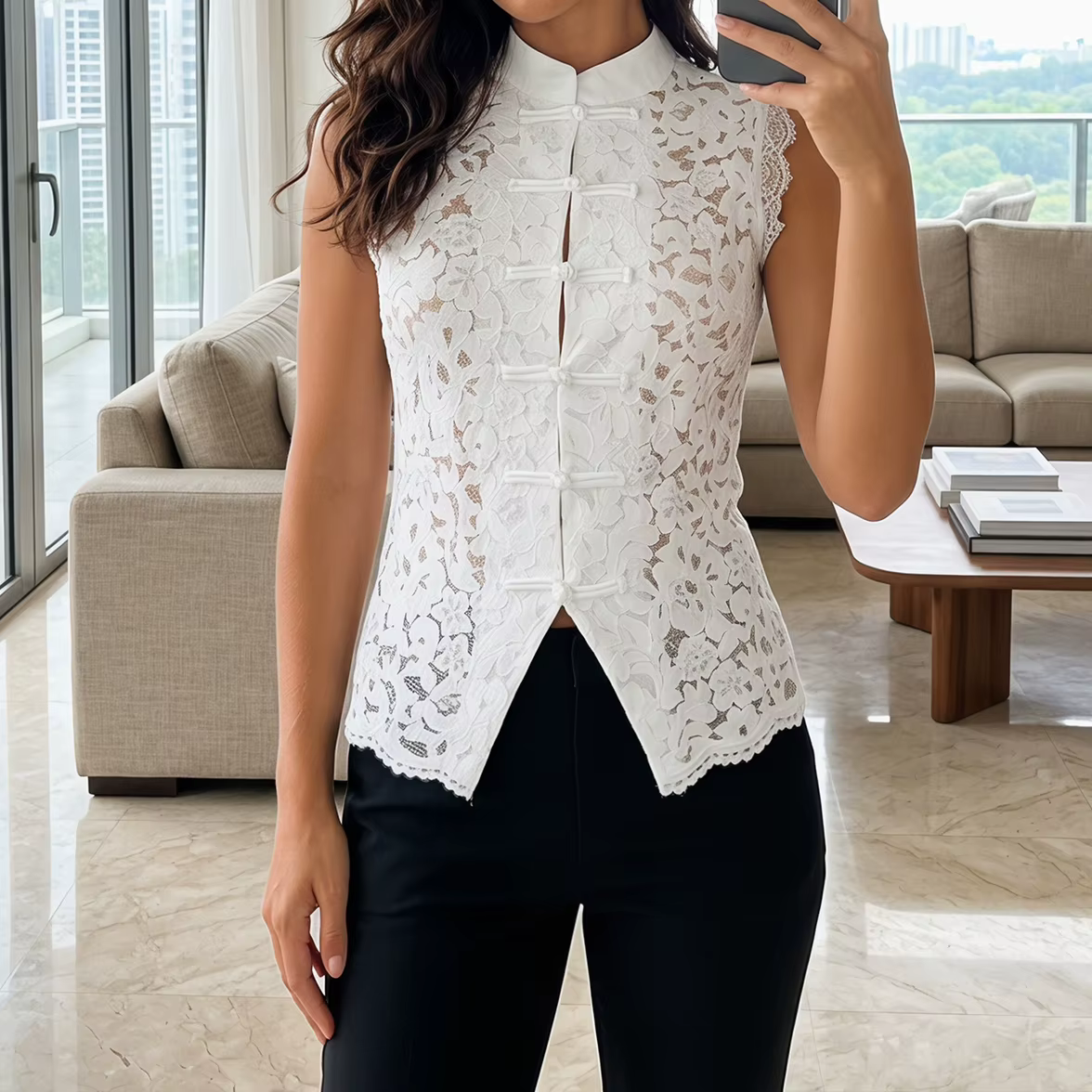 Débardeur Vintage Femme en Dentelle Florale à Col Mandarin
