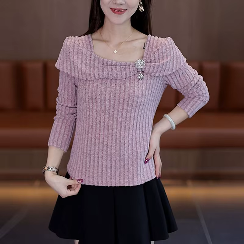 T-shirt Chic Femme Col Carré Tricoté avec Diamants Intégrés