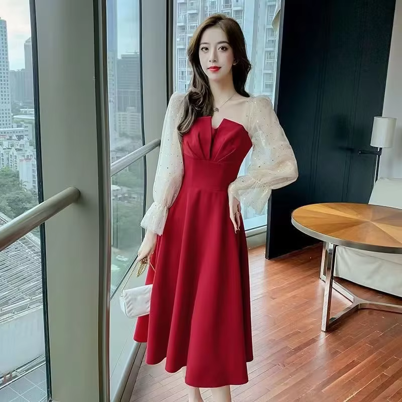 Robes rouges pour femmes fête Style coréen élégant luxe élastique en ventes pleine haute qualité bal soirée femme robe à manches longues