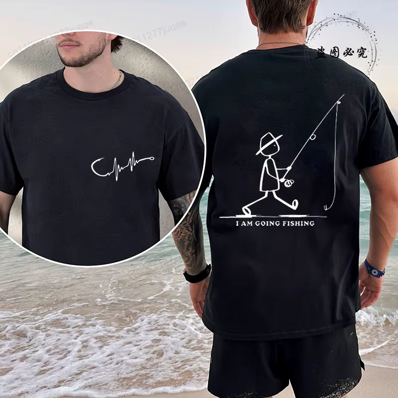 T-shirt graphique de pêche pour homme noir avec imprimé pêcheur devant et derrière – T-shirt d'été pour pêcheur – Hauts personnalisés pour homme