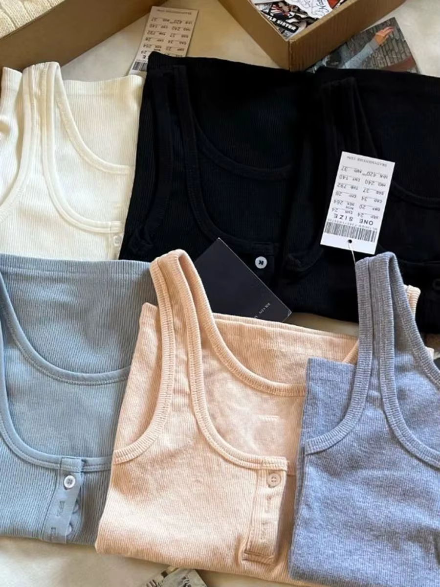 Débardeur côtelé slim femme été uni simple en coton à trois boutons sans manches décontracté vintage streetwear Y2K