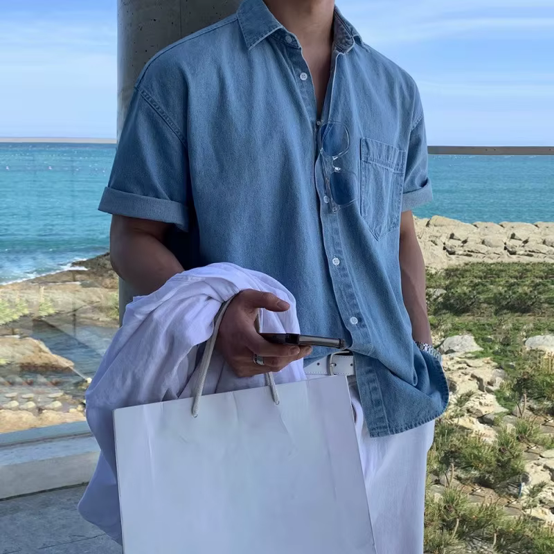 Chemise en jean délavé à manches courtes pour homme – Style décontracté et ample pour l'été