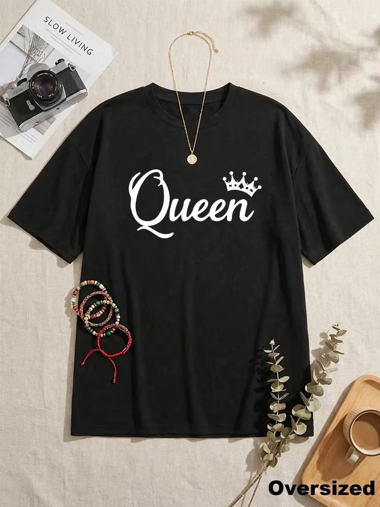 T-shirt Oversize Imprimé Queen 2026 Nouvelle Collection Femme Printemps-Été – Haut Décontracté Quotidien à Manches Courtes en Coton – Vêtements Féminins
