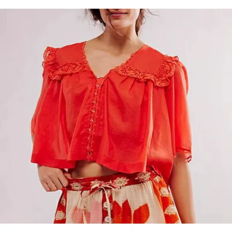 Rose doux col en dentelle coton pétale à manches courtes refflé col en V boutons hauts plissés femmes Blouse t-shirt coréen été plis