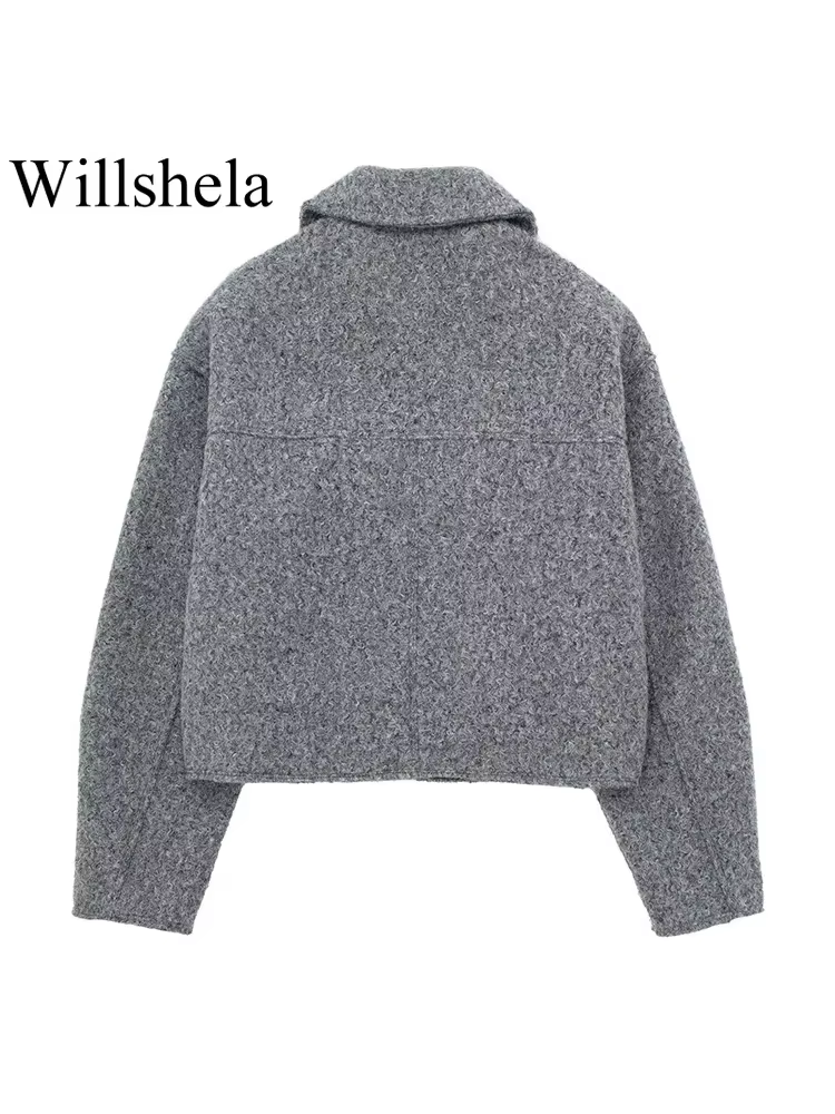 Willshela femmes mode avec poches gris avant vestes à glissière Vintage revers cou manches longues femme Chic dame tenues