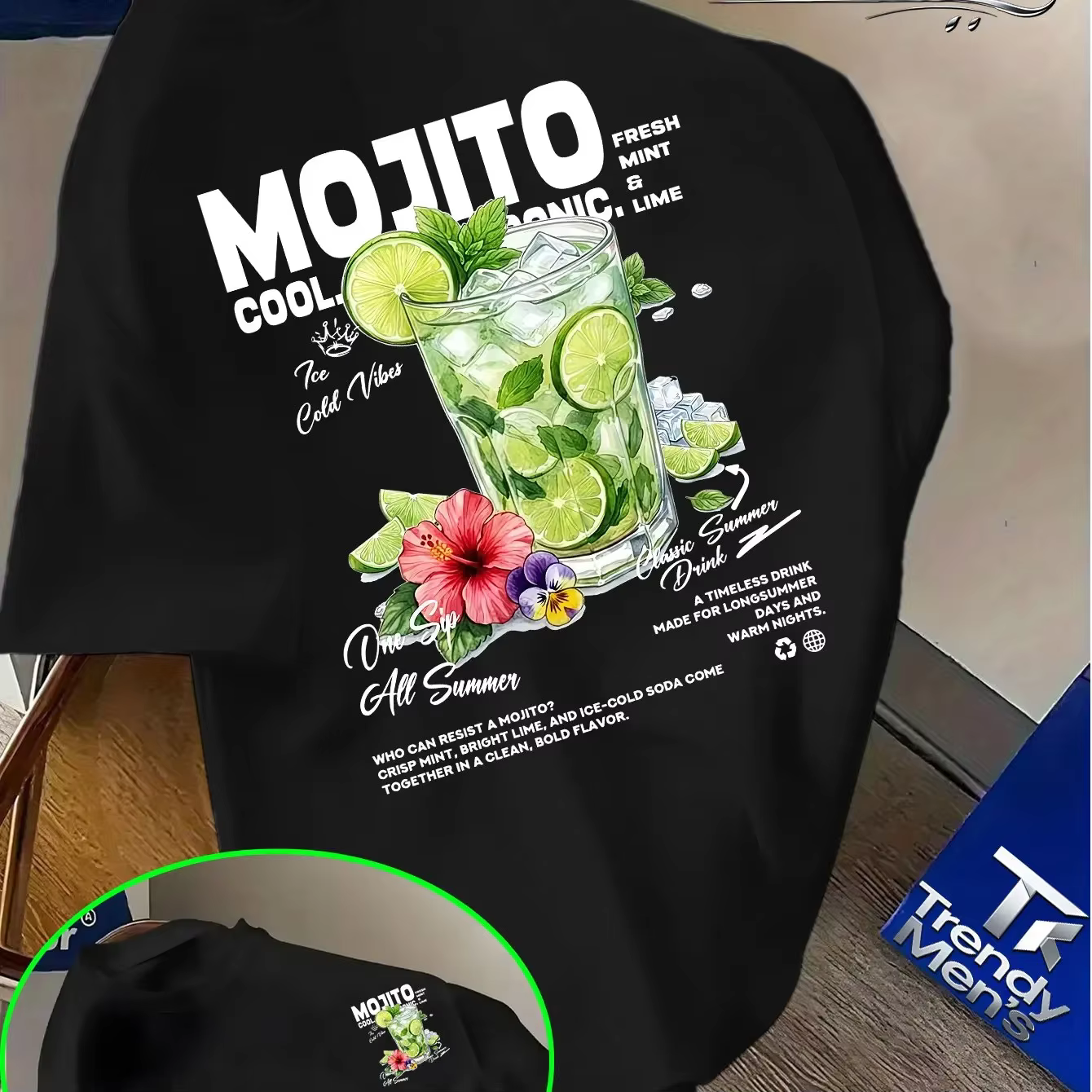 T-shirt pour homme en coton 100% avec imprimé de fleurs de citron vert Mojito