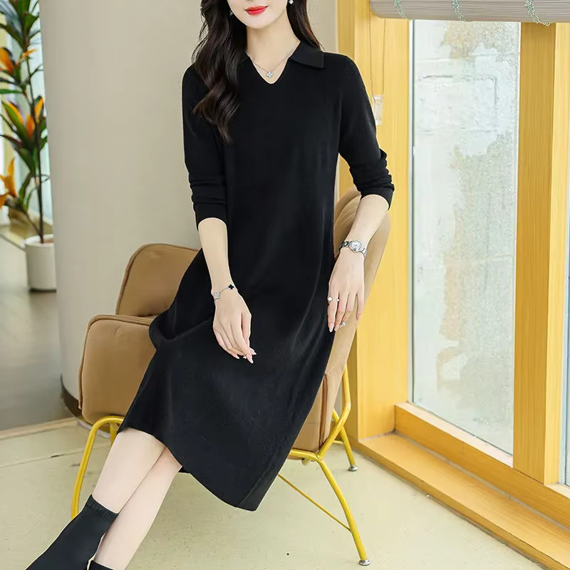 Robe verte en tricot à manches longues et col Polo pour femme