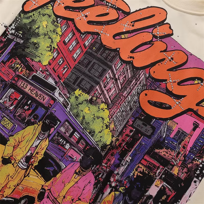 T-shirt court unisexe en molleton French Terry vert abricot avec imprimé graphique streetwear et strass