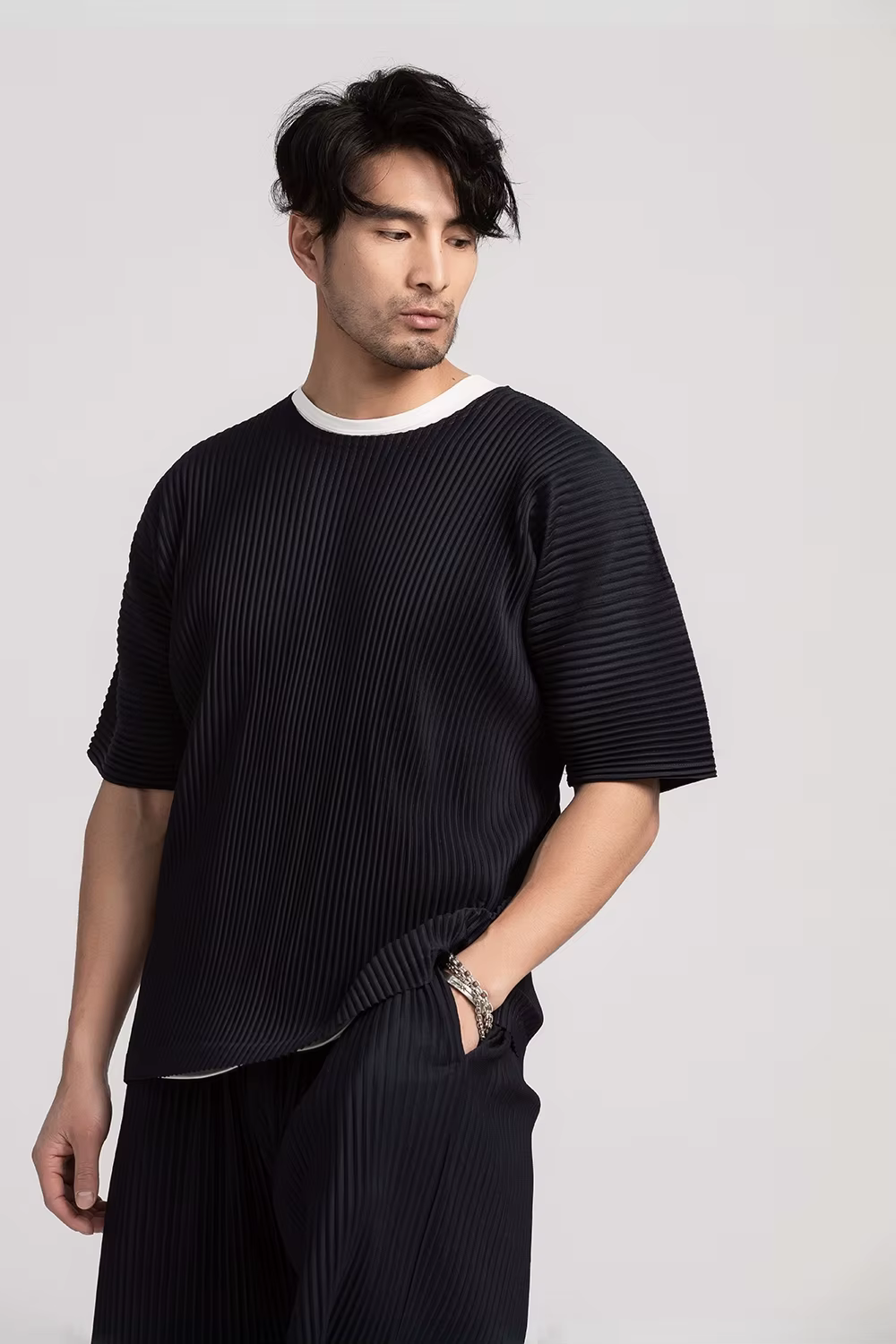 Miyake T-Shirt plissé pour hommes vêtements d'été à manches courtes