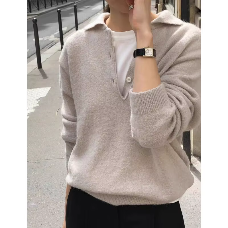 Pull POLO élégant à revers avec boucle 100 pur cachemire