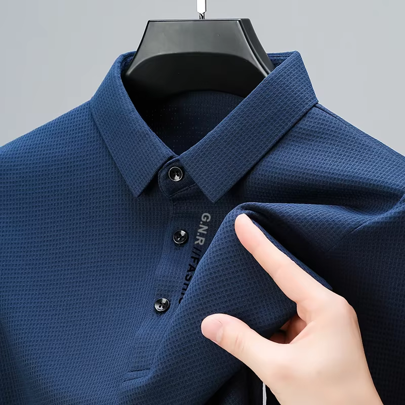 POLO gaufré à manches longues pour hommes avec lettre imprimée revers haut décontracté