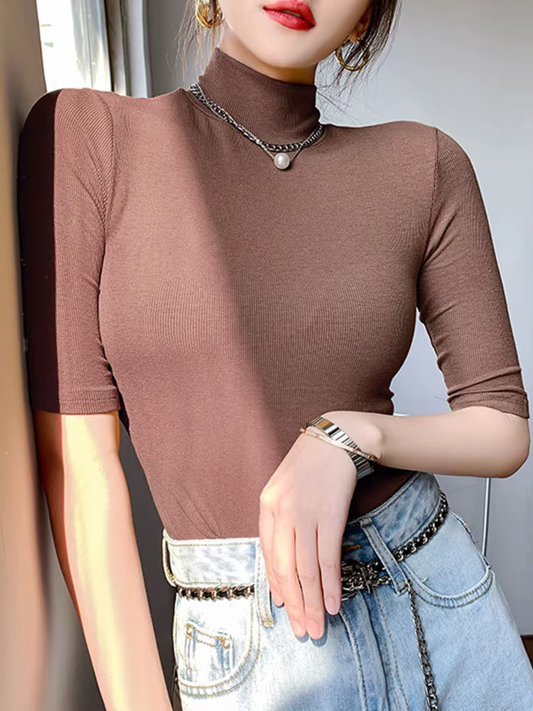 T-shirt col roulé manches courtes femme