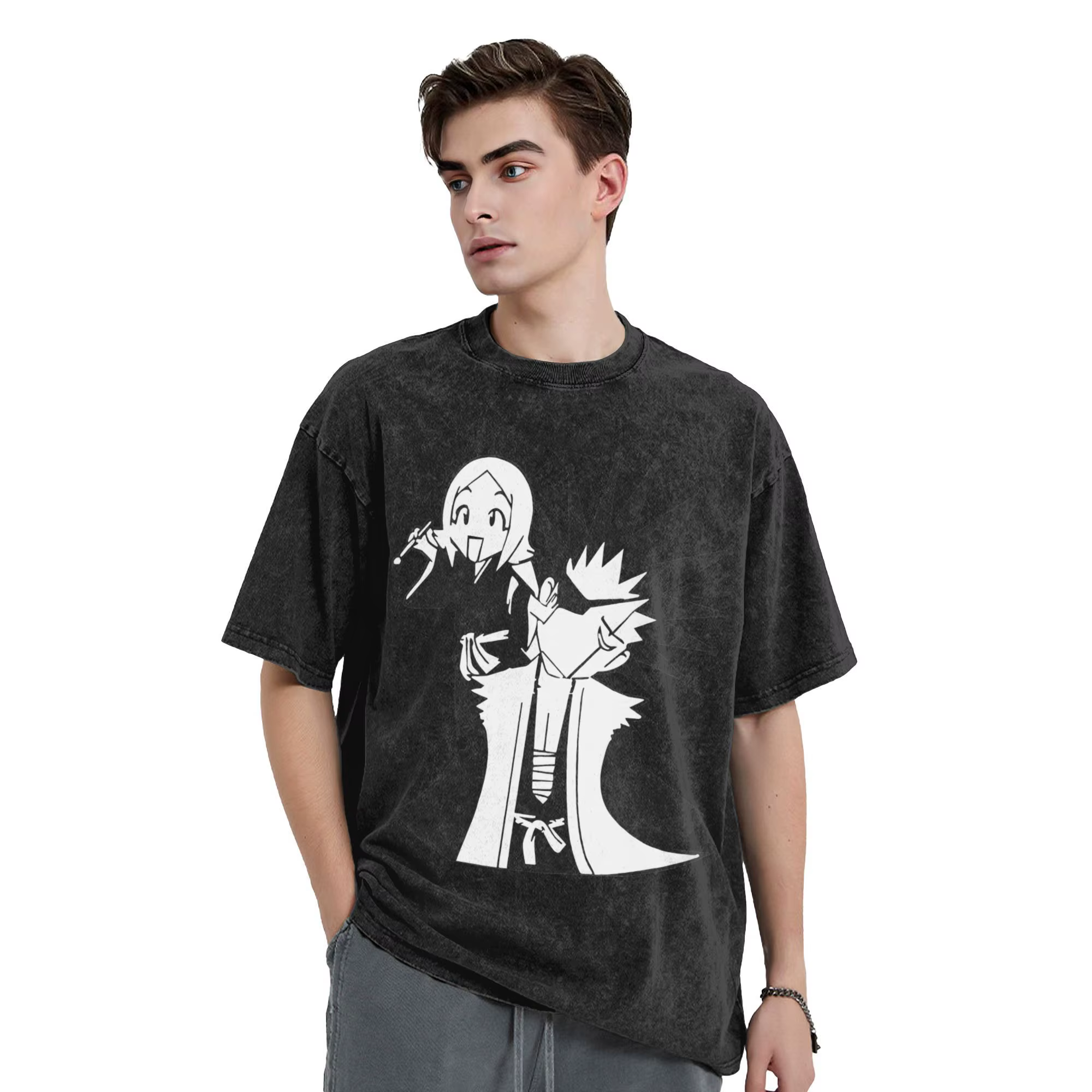 T-Shirt délavé surdimensionné Zaraki Kenpachi T-Shirts simples blanchi à la mode Cool