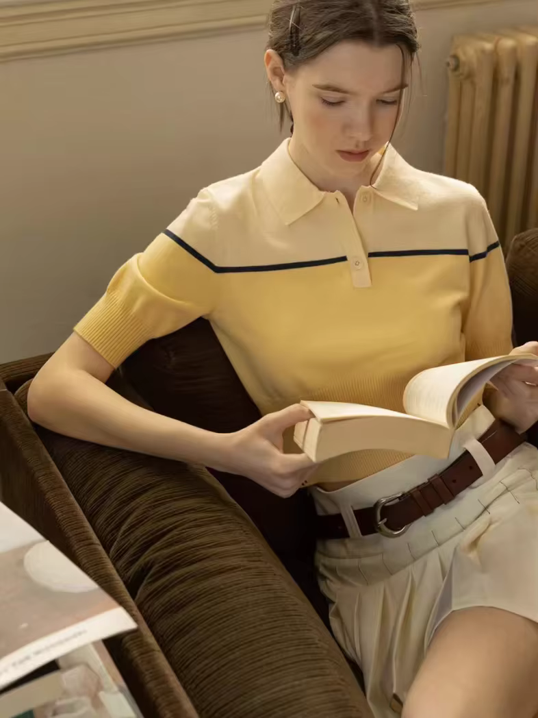 T-Shirt tricoté à col Polo contrasté français pour femmes