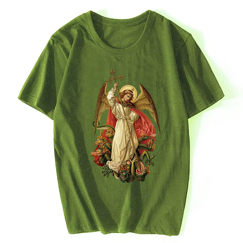 Saint Michael détruire le diable catholique chrétien T-shirt hommes coton à manches courtes