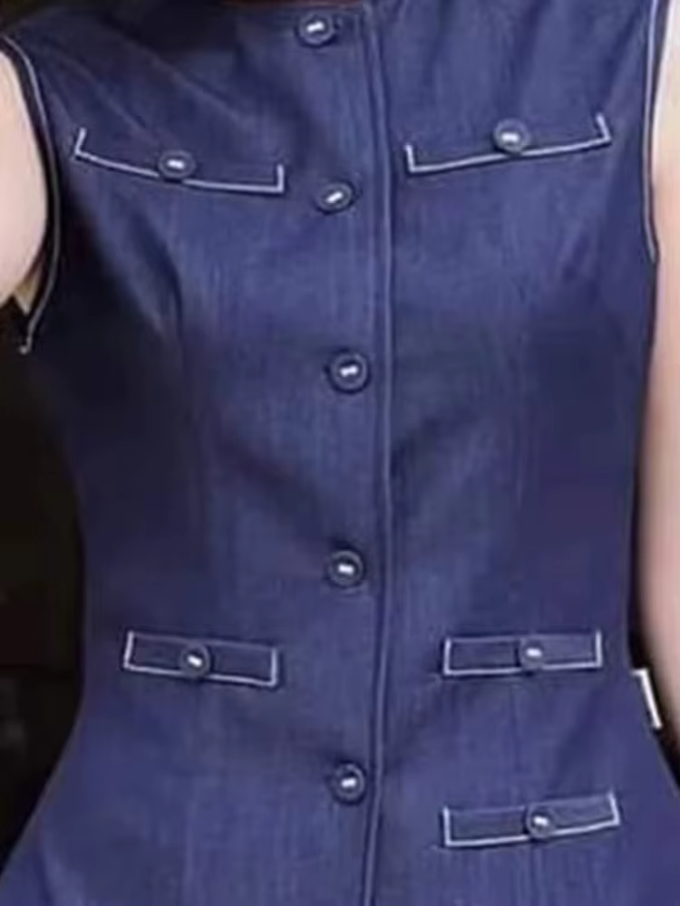 Krisstarsgirl 2025 nouveau chemisier en jean hauts pour femme été bleu élégant boutonné avec poches dessus de chemise