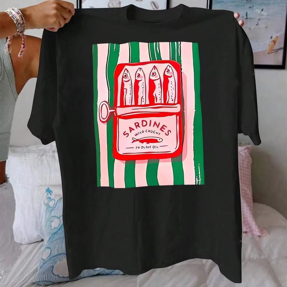 T-Shirt d'été en coton imprimé sardine pour femmes