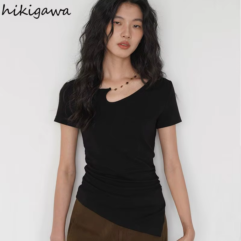 T-shirts Femme Noire 2026 – Tunique à Manches Courtes en Coton Y2K – Hauts Décontractés et Sexy pour l'Été – Style Coréen – Camisetas
