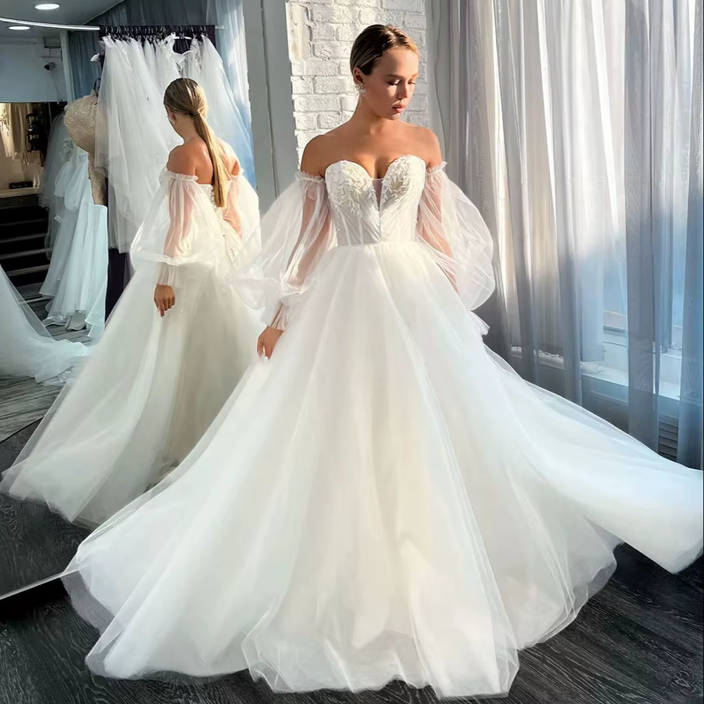 Robe de mariée en tulle pour femme, manches parfaites, costume de fête