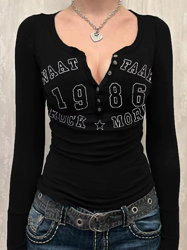 T-shirt noir femmes automne lettre imprimer Streetwear manches longues col rond moulante haut sexy bouton mode décontracté mince t-shirts femme