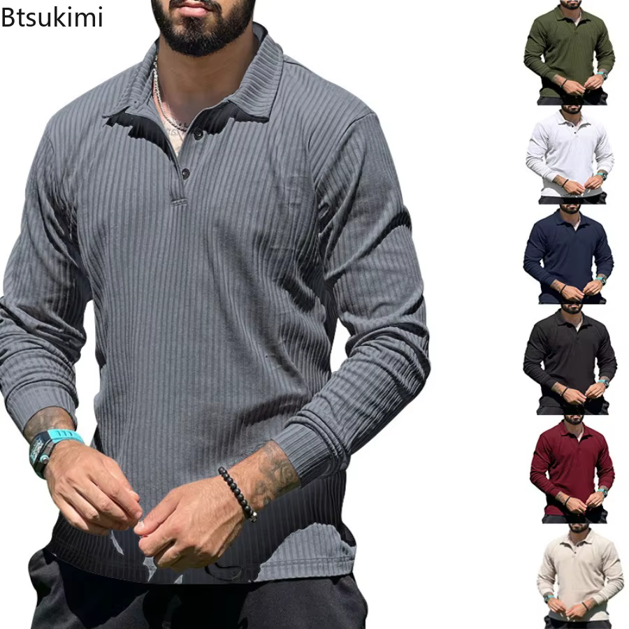Nouveau T-shirt Polo Décontracté à Manches Longues pour Homme