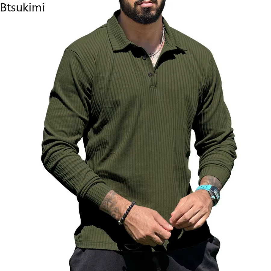 Nouveau T-shirt Polo Décontracté à Manches Longues pour Homme