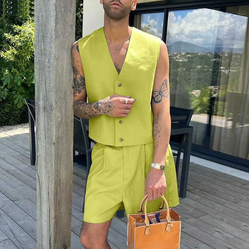 Nouvel ensemble décontracté été 2026 pour homme : gilet sans manches col en V et short large