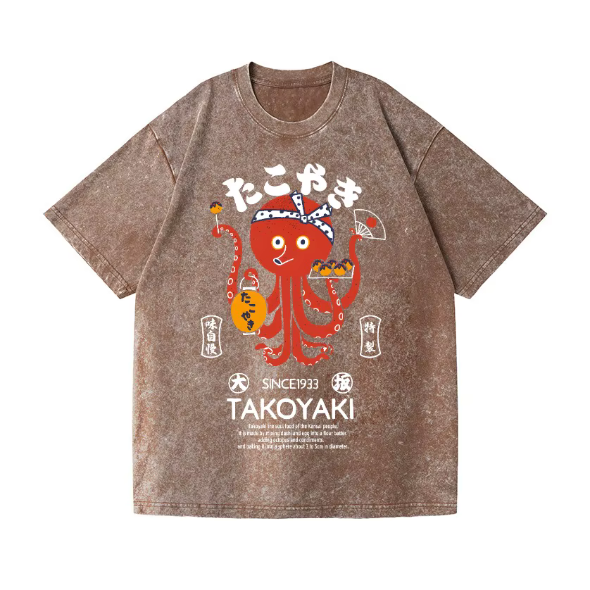 Takoyaki pour hommes Vintage Wash Design japonais T-Shirt drôle octobre imprimé à manches courtes col rond été 2025 t-shirts lourds