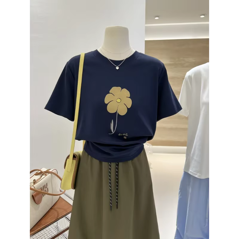T-shirt à manches courtes imprimé Floral bleu marine pour femmes