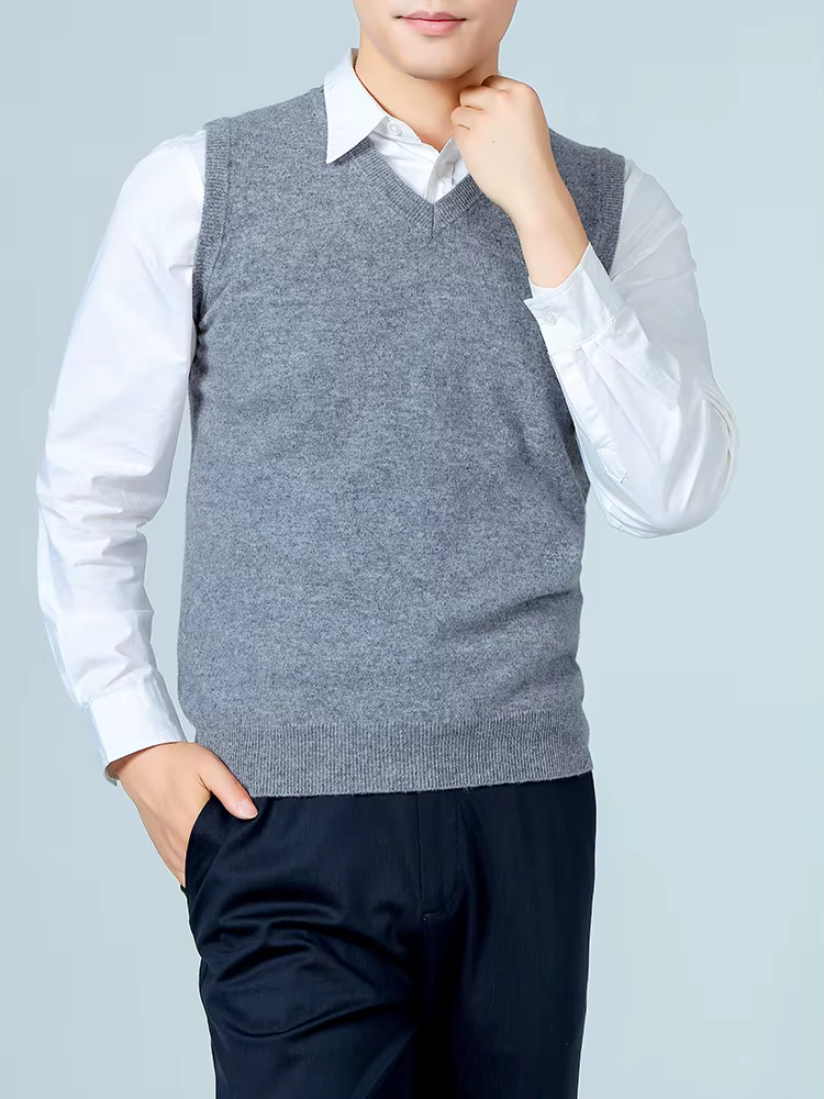 100% laine mérinos Pure hommes col en v gilet sans manches pull automne hiver épais décontracté mode tricoté