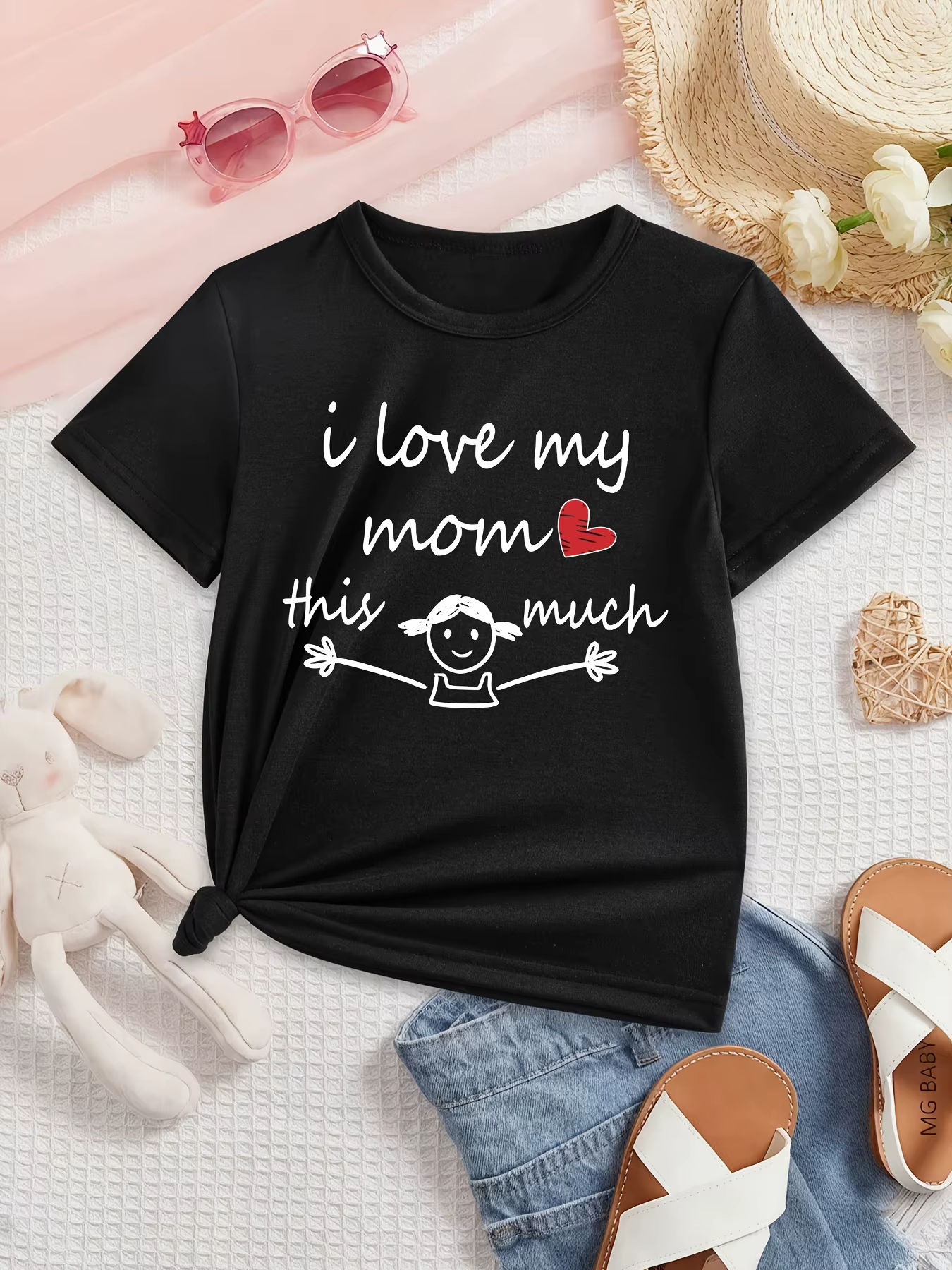 T-Shirt graphique «I LOVE MY MOM THIS MUCH» pour filles, haut d'été décontracté à manches courtes avec motif cœur, col rond, vêtements pour enfants