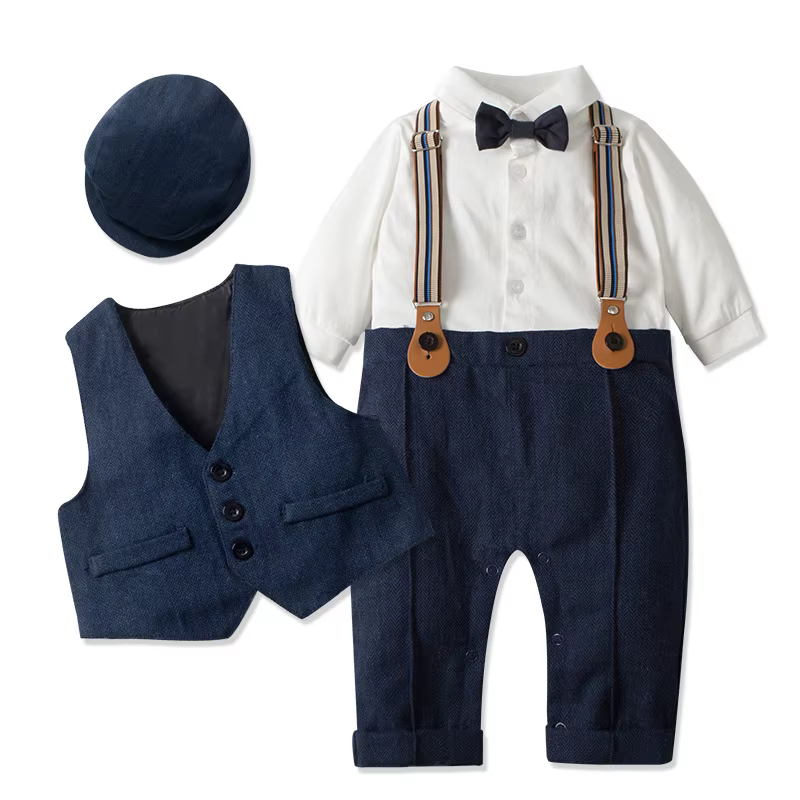 Bébé garçons Gentleman tenues costumes vêtements printemps et automne enfants une pièce barboteuses veste chapeau