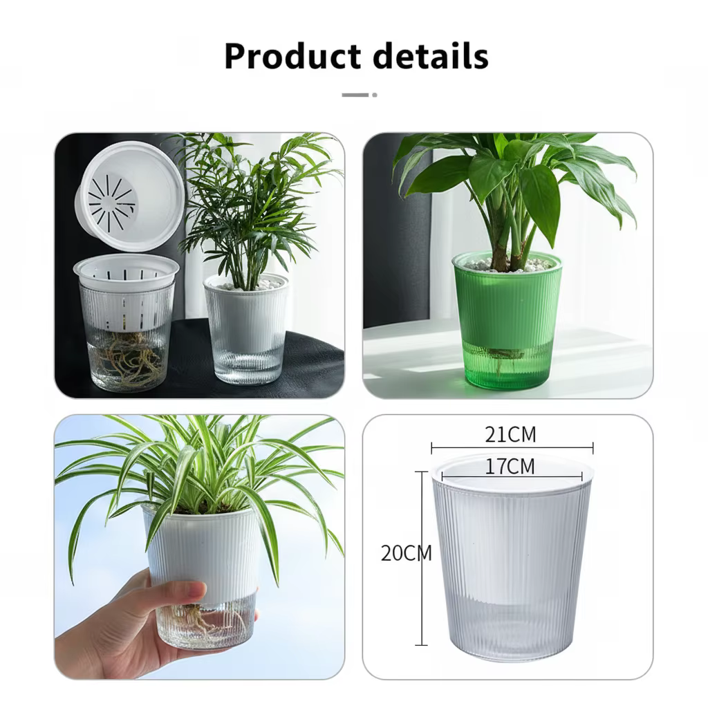 Pots de fleurs en résine semi-transparente auto-arrosants avec design à nervures verticales pour plantes d'intérieur, pothos, succulentes, décoration maison et bureau