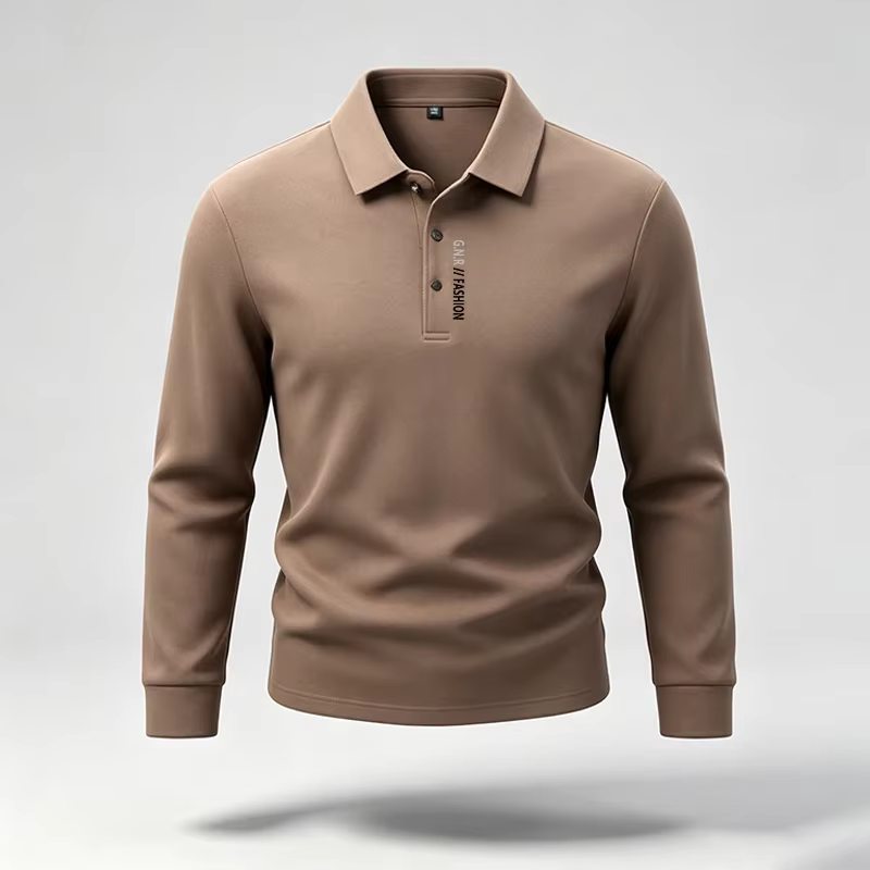 Polo à manches longues pour homme, style minimaliste, col à revers, motif imprimé, matière douce, idéal pour un look décontracté urbain au quotidien.
