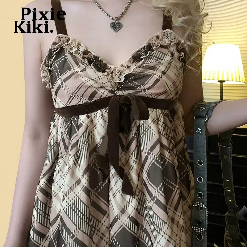 Débardeurs à carreaux marron pour femmes Gyaru Japanese 2000s Y2k Summer Bow Frill V Neck Backless Top Cute Clothing