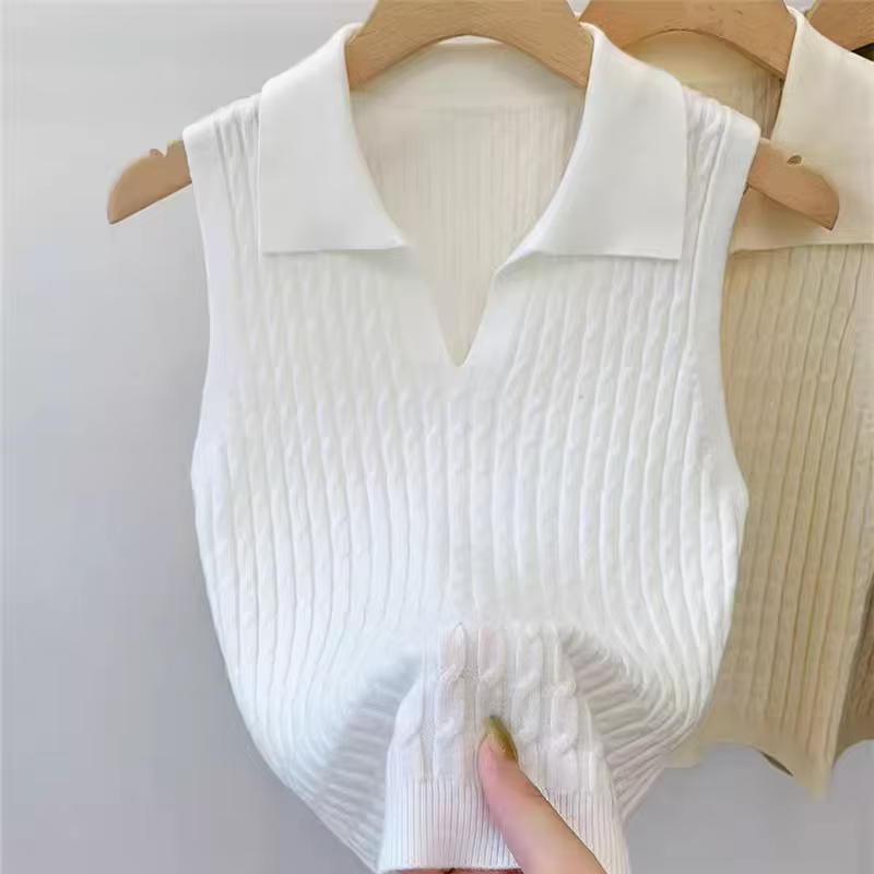 Polo col en V côtelé pour femme – Hauts sexy en maille