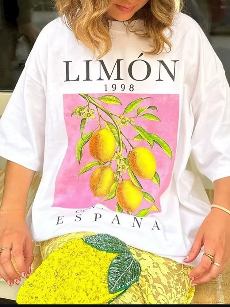 Citron Fruit imprimé T-Shirts coton femmes graphique hauts Vintage esthétique botanique Streetwear chemise Cottagecore vêtements surdimensionné