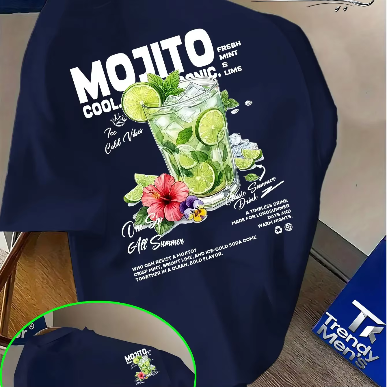 T-shirt pour homme en coton 100% avec imprimé de fleurs de citron vert Mojito