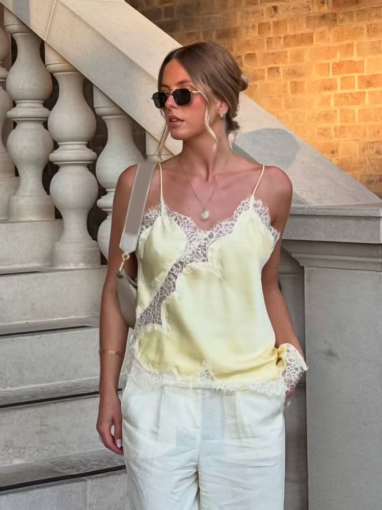 HH femmes été Sexy dentelle épissé hauts à bretelles femme mode col en v sans manches dos nu creux asymétrique ourlet haut