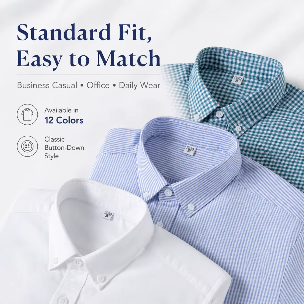 Chemise Homme Oxford Coton Manches Longues Button Down Casual Business Pré-Rétrécie Lavage Enzymatique Respirante Anti-Froissage