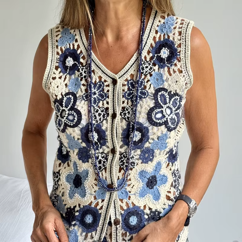 Gilet en Crochet à fleurs perlées pour femmes