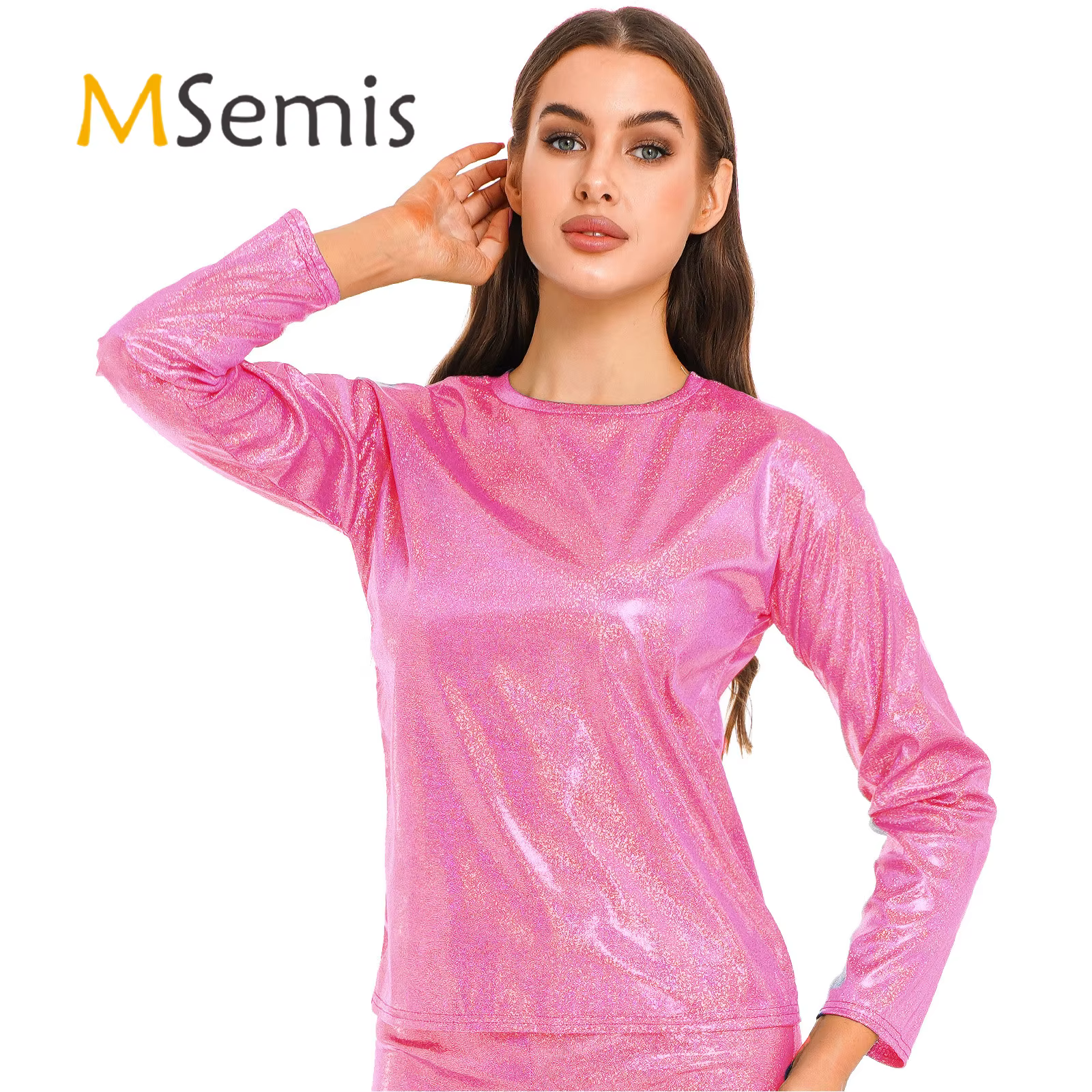 T-Shirt métallique brillant à manches longues pour femmes