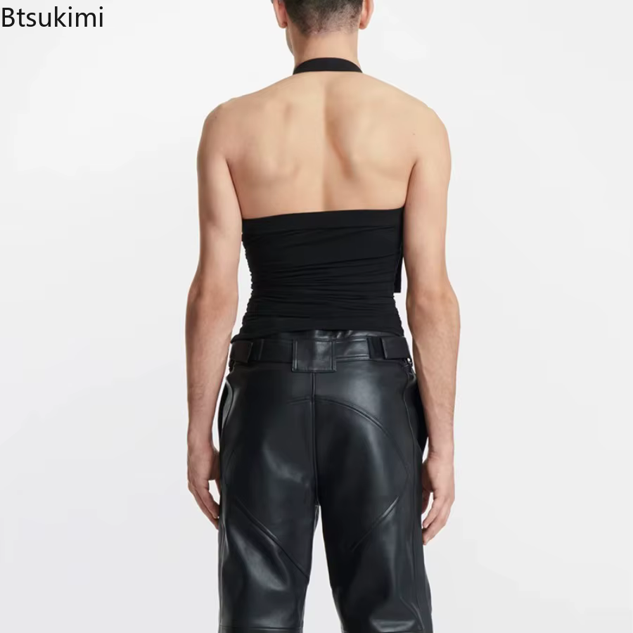 Nouveaux hommes personnalisés gilet hauts sangle épaule creux tricoté débardeurs élastique mince Fit