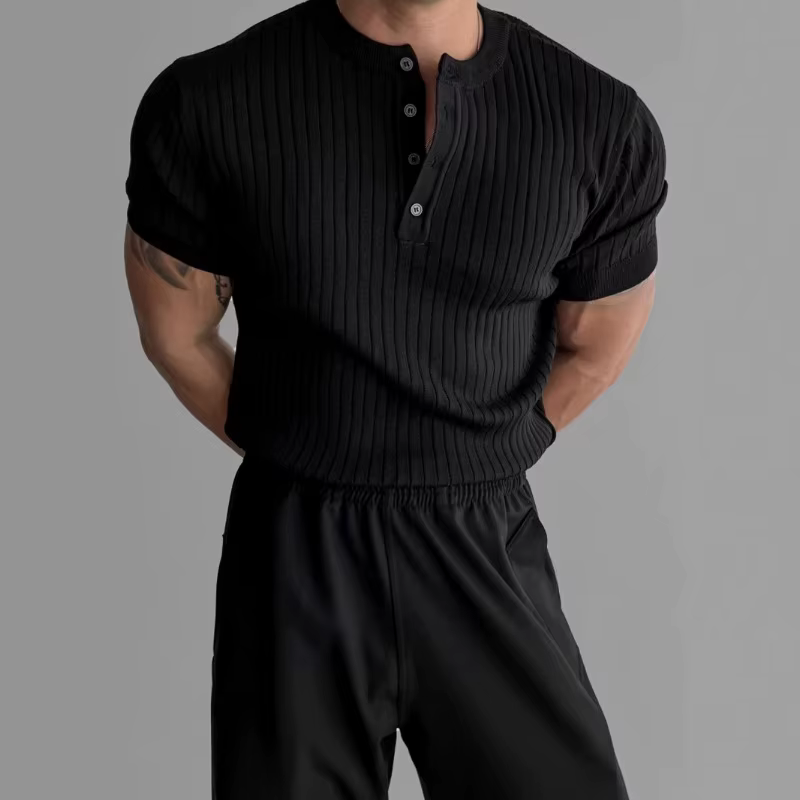 Chemise Henley côtelée ajustée pour homme, manches courtes, boutonnée, décontractée, style muscle
